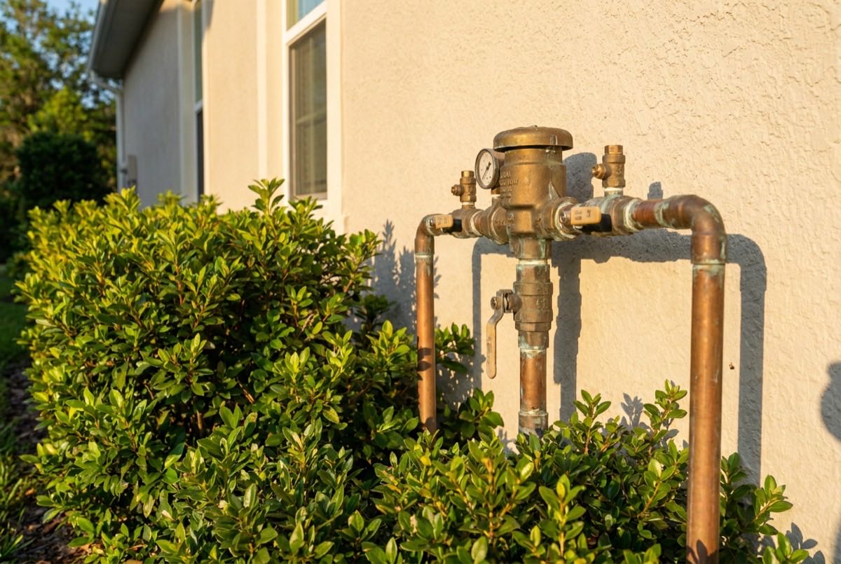 Certified tester checking a backflow preventer assembly with a test gauge outside a Jacksonville property