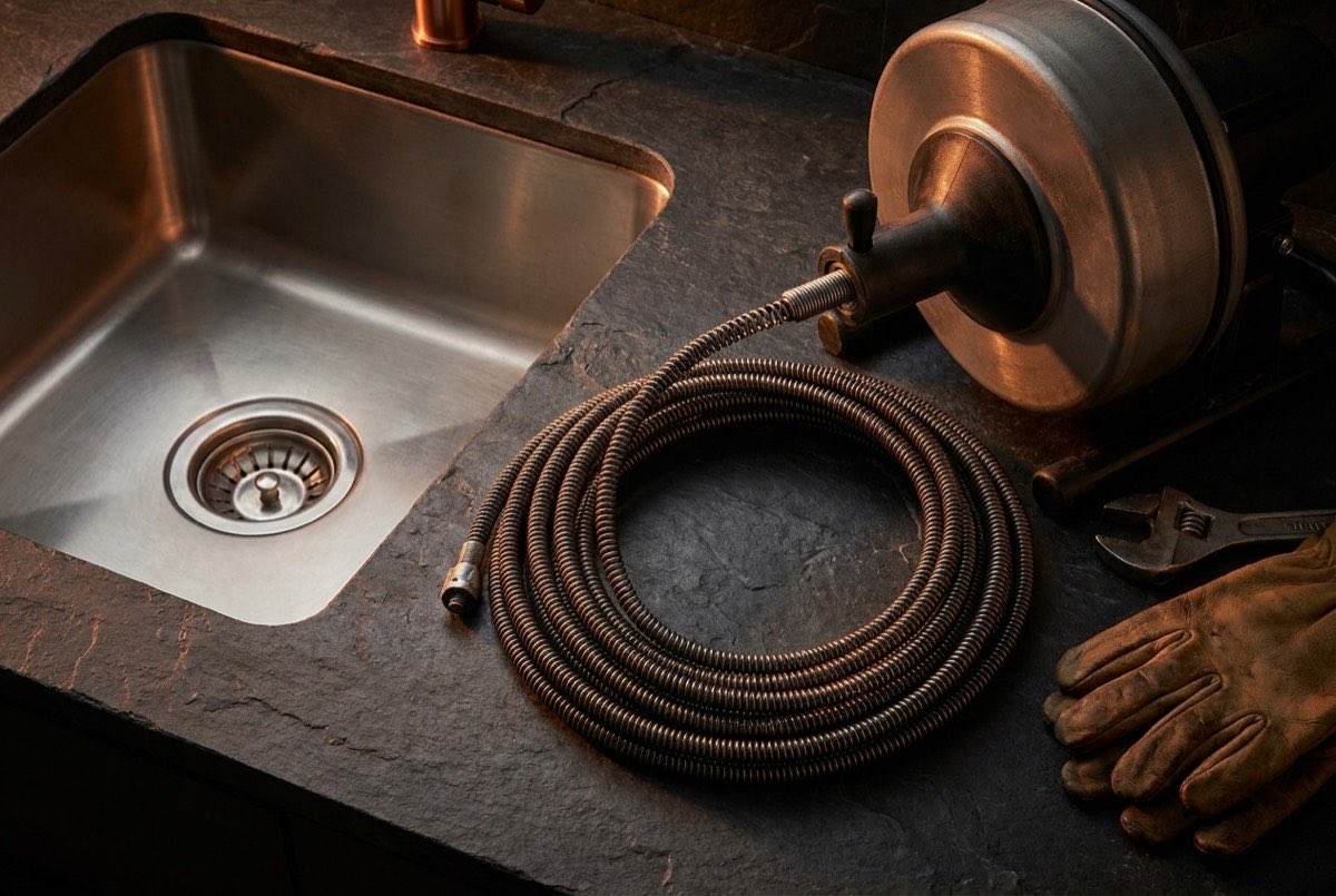 Plumber feeding a drain machine cable into a cleanout outside a Jacksonville home