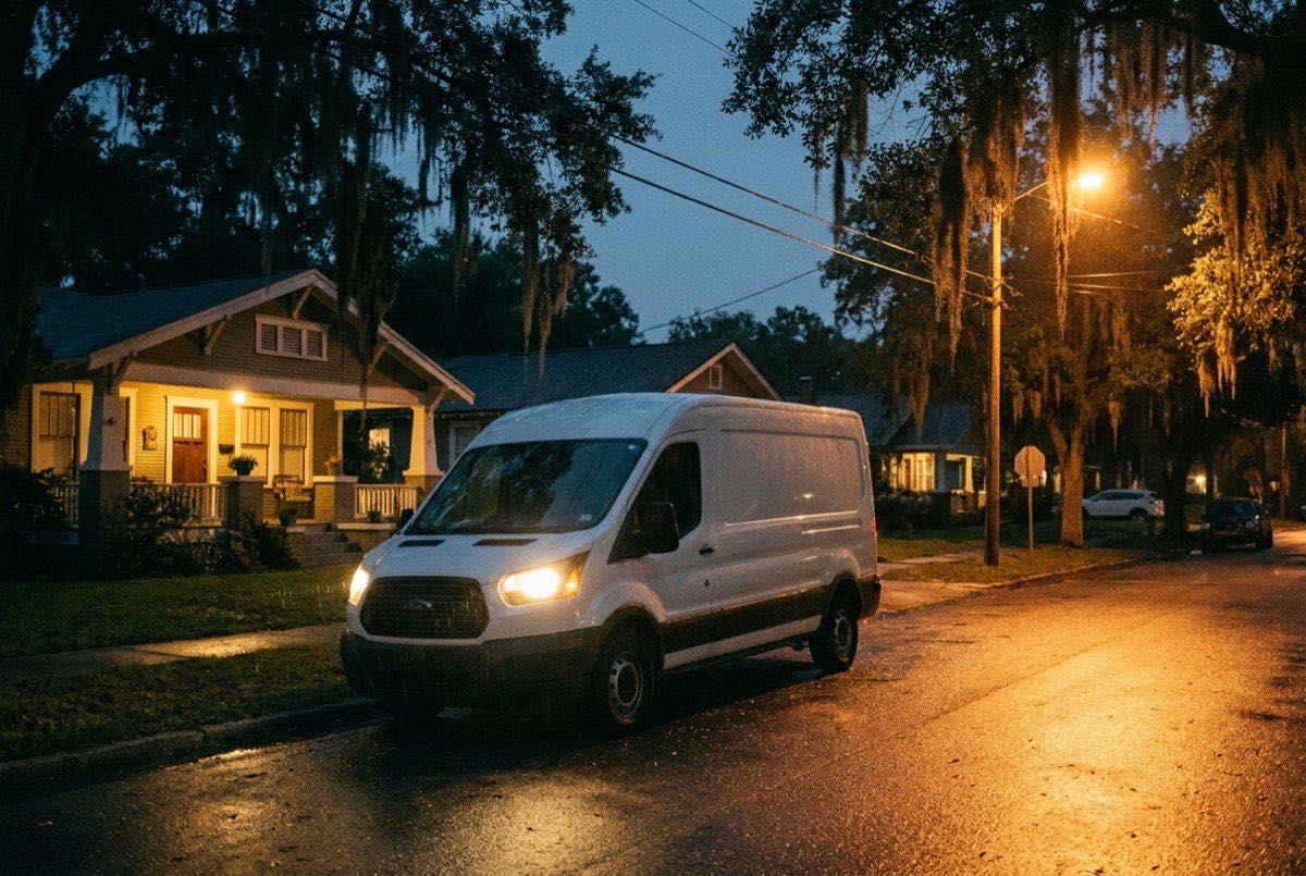 Plumber's van arriving at a Jacksonville home at night for an emergency call
