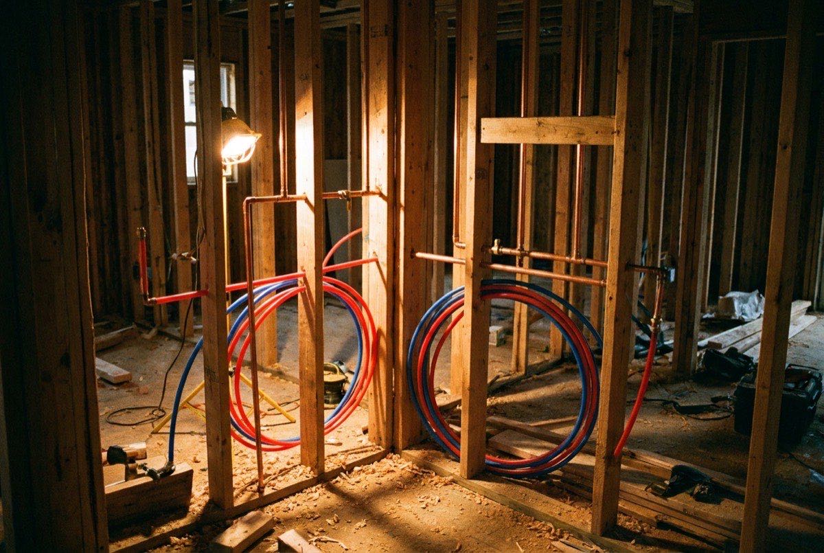 New PEX supply lines installed through the wall framing of an older Jacksonville home during a whole-home repipe