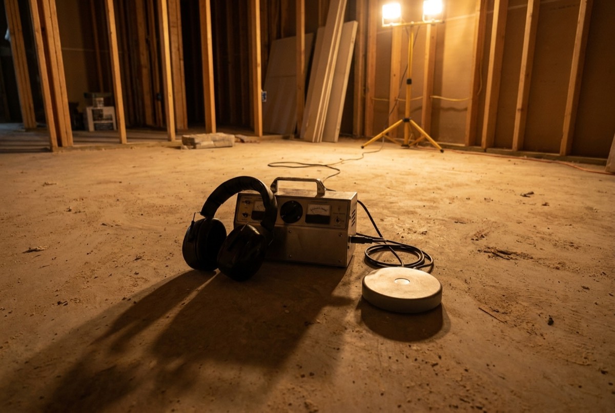 Plumber using electronic leak detection equipment on the slab floor of a Jacksonville home