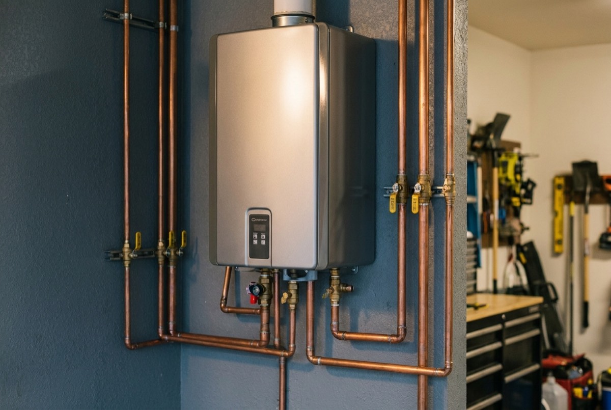 Licensed plumber installing a new tank water heater in a Jacksonville garage