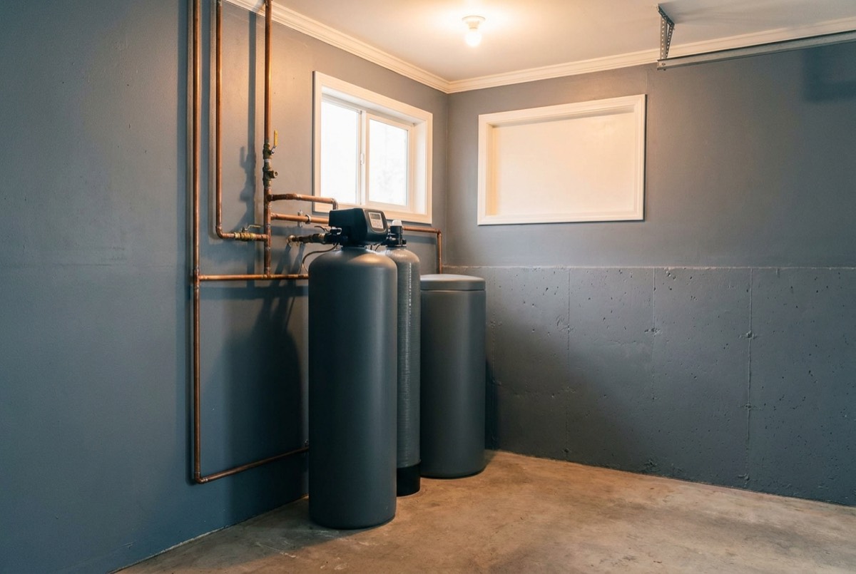 Water softener and whole-home filtration tanks installed in a Jacksonville garage next to the main water line